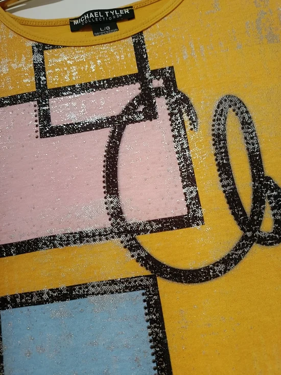 L💛Michael Tyler Yellow Graphic Short Sleeve Tee with Pastel Blocks - Picture 5 of 6